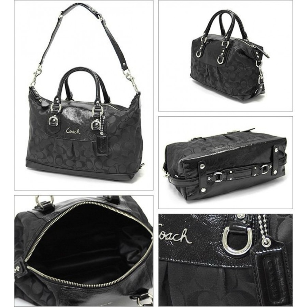 Coach Ashley Signature Black Sateen Satchel with Silver Hardware